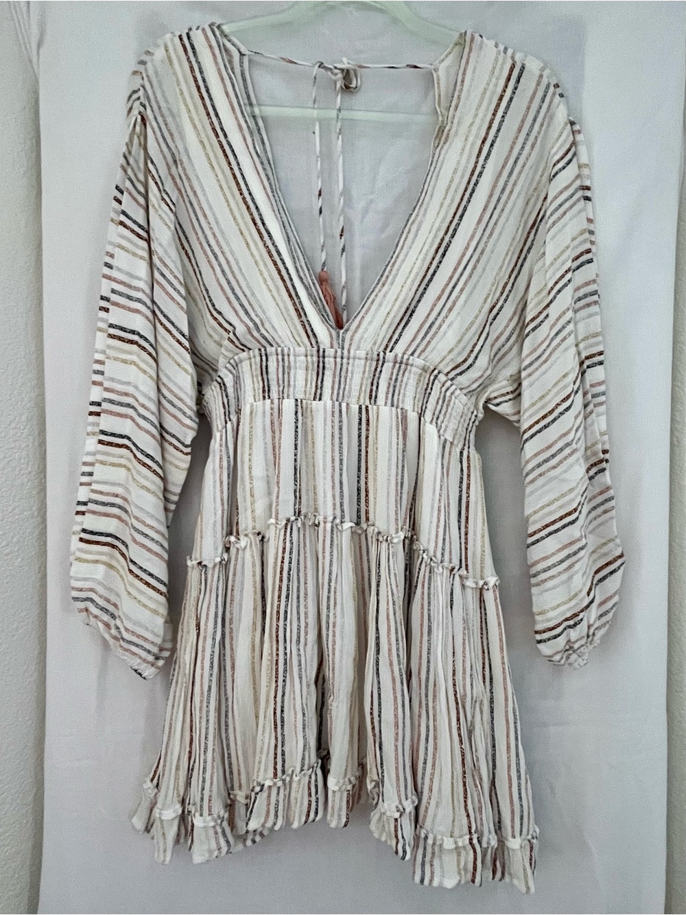 Beachy BOHO Striped V-Neck Tiered  dress- White with Neutral Stripes